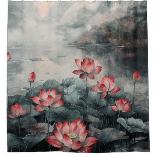 Rideaux De Douche Lac de lotus au clair de lune (5)