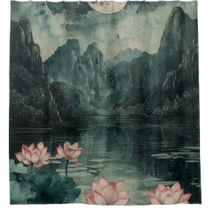 Rideaux De Douche Lac de lotus au clair de lune (8)