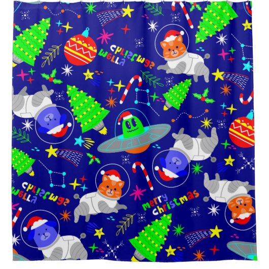 Rideaux De Douche laide alien de Noël père Noël chat chien (Devant)
