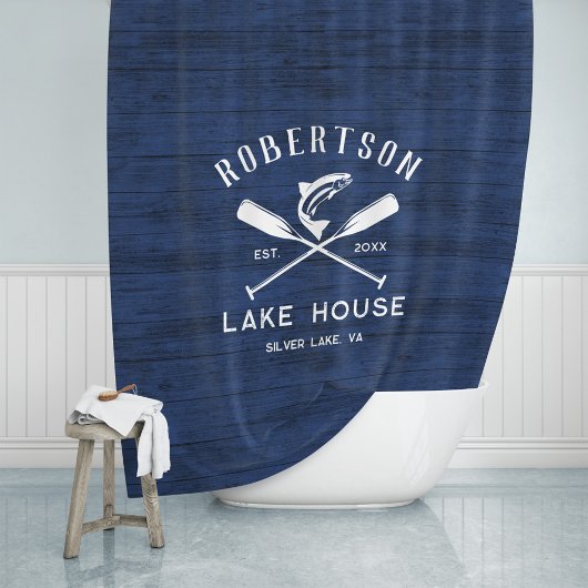 Rideaux De Douche Lake House Nom de famille Rustic Blue Wood