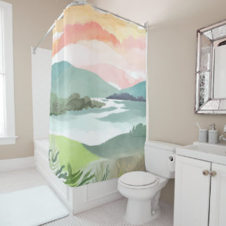 Rideaux De Douche Lake Morning Sunrise | Watercolor Nature