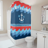 Rideaux De Douche L'Ancre de monogramme ondule nautique bleu blanc (En situation)