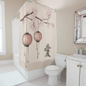 Rideaux De Douche lanternes en dentelle rose et fleurs "Amour" (En situation)