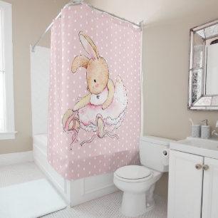 Rideaux De Douche Lapin Ballerine Mignon Rose Blanc Points de Polka