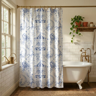 Rideaux De Douche Lapin céleste fantaisiste Toile de Jouy bleue