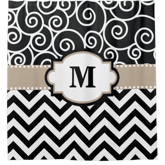 Rideaux De Douche Le beige noir tourbillonne monogramme de Chevron (Devant)