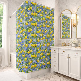 Rideaux De Douche Lemon Blue French Country Watercolor Tile 