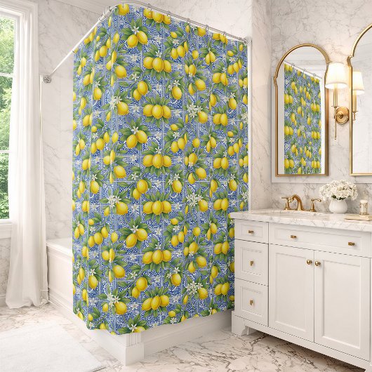 Rideaux De Douche Lemon Blue French Country Watercolor Tile 