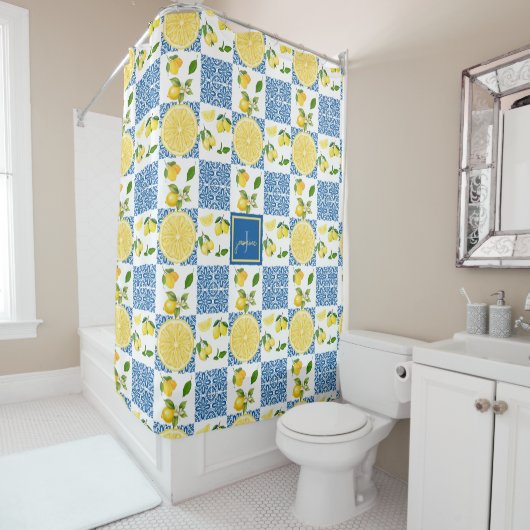 Rideaux De Douche Lemon Monogram Name French Country Tile Pattern (En situation)