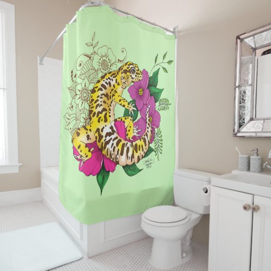 Rideaux De Douche Léopard jaune Gecko Vert (En situation)