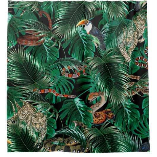 Rideaux De Douche léopard, perroquets et serpents dans la forêt noir (Devant)
