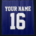 Rideaux De Douche L'équipe de Jersey Blue Sports White de la Marine<br><div class="desc">Preppy Solid Color Team Jersey / Sports Jersey / Football Jersey / Rugby Jersey avec Nom Personnalisé Customisez ceci avec votre nom propre ou nom d'équipe et un numéro. Vous pouvez modifier la taille, la couleur et l'emplacement du texte si vous avez besoin d'apporter des modifications, de modifier la couleur...</div>