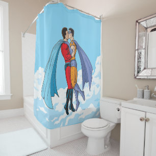Rideaux De Douche Les deux superhéros de SlipperyJoe embrassant un v