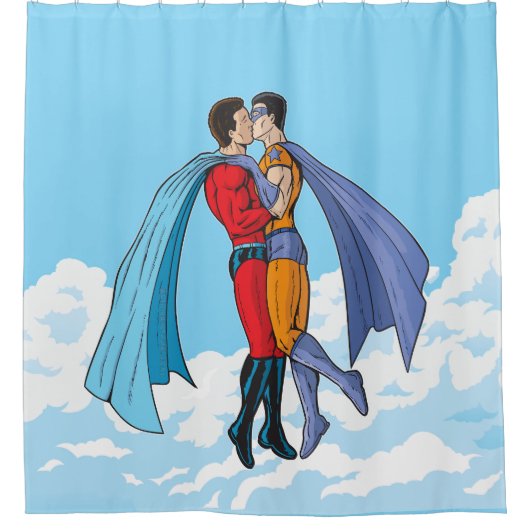 Rideaux De Douche Les deux superhéros de SlipperyJoe embrassant un v (Devant)