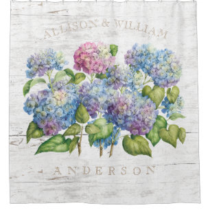 Rideaux De Douche Les fleurs d'hortensia avec du bois ajoutent des