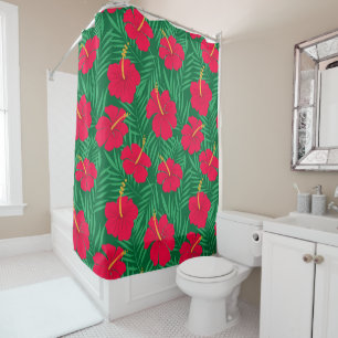 Rideaux De Douche Les fleurs rouges d'Hibiscus sur les Feuilles trop
