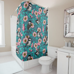 Rideaux De Douche Les poulets dans la nature rose, rose et bleu