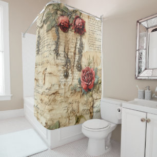 Rideaux De Douche Lettre vintage d'amour parchemin avec fleurs (4)