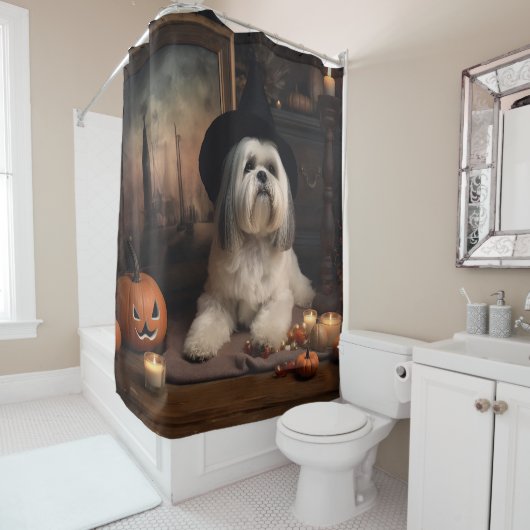 Rideaux De Douche Lhasa Apso Citrouilles Halloween Épouvantable (En situation)