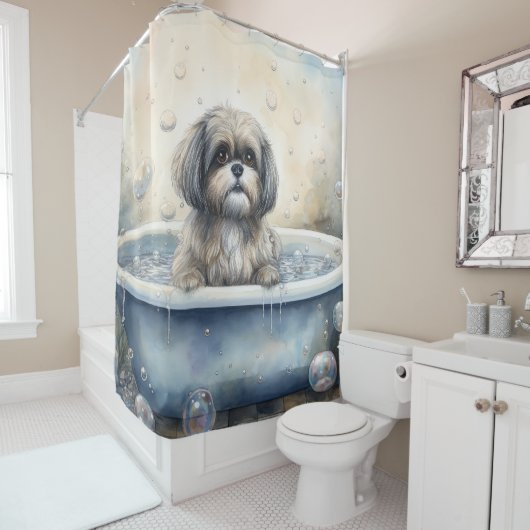 Rideaux De Douche Lhassa Apso Dans La Baignoire Aquarelle Chien Art (En situation)