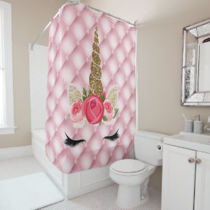 Rideaux De Douche Licorne Paillettes Dorées et Roses Roses