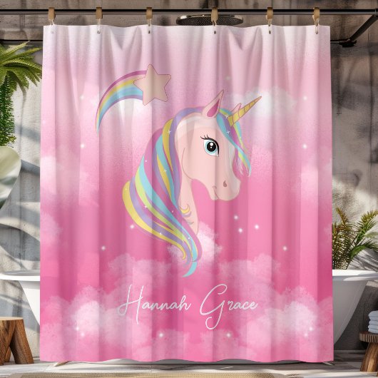 Rideaux De Douche Licorne Rose avec Nom Calligraphié