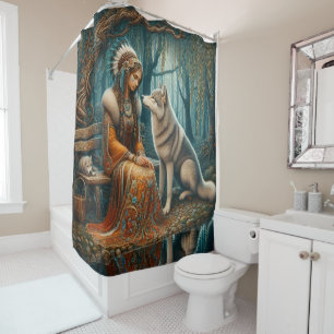 Rideaux De Douche Lien pacifique : Femme autochtone et loup