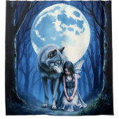 Rideaux De Douche Lien sous la lune – Le loup et la fée gothique. (Devant)