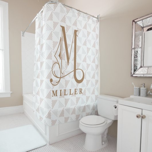 Rideaux De Douche Ligne et grille moderne Motif Monogramme M Tan (En situation)