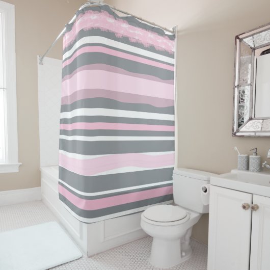 Rideaux De Douche Lignes blanches gris rose Art Abstrait (En situation)