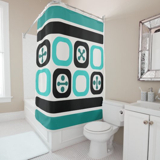 Rideaux De Douche Lignes Carrés Retro Atomic Art Turquoise (En situation)