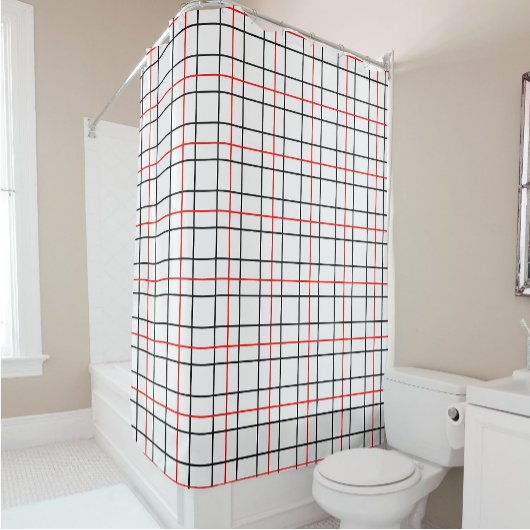 Rideaux De Douche Lignes de grille noire rouge Conception de plis