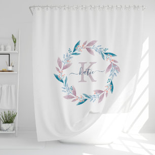 Rideaux De Douche Lilac Watercolor Floral Wreath Monogram