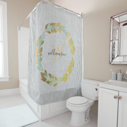 Rideaux De Douche Linge Gris Avec Couronne Dorée Monogramme Maison d (En situation)