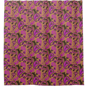 Rideaux De Douche Linocut Paisley Traditionnel Vivid Moutard Rose