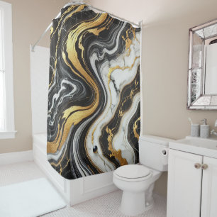 Rideaux De Douche Liquide Doré Marbre Noir et Blanc Vue Glamour