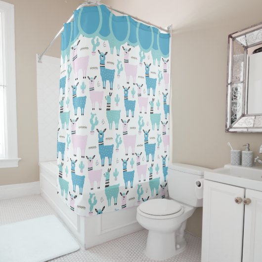 Rideaux De Douche Llama Alapaca Motif Bleu rose mignon Animaux (En situation)