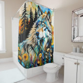 Rideaux De Douche Loup gris et Fleurs sauvages (En situation)