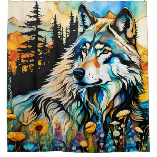 Rideaux De Douche Loup gris et Fleurs sauvages
