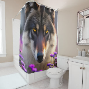 Rideaux De Douche Loup gris Stare - fleurs roses et violettes
