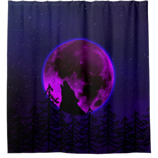 RIDEAUX DE DOUCHE LOUP HURLANT LUNE MAGENTA (Devant)