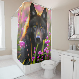 Rideaux De Douche Loup noir en fleurs roses