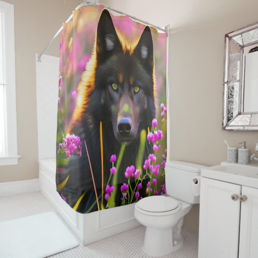 Rideaux De Douche Loup noir en fleurs roses (En situation)