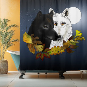 Rideaux De Douche Loups Blancs Noirs Clair de Lune Feuilles d'Automn