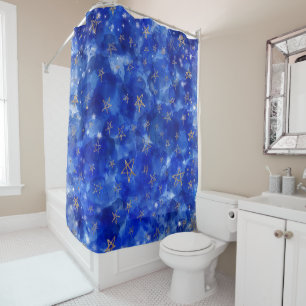 Rideaux De Douche Lune Étoiles Bronze Or Aquarelle Bleue Fantaisiste