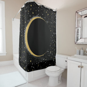 Rideaux De Douche Lune Magique Céleste Noir & Or Étoiles Lunaires