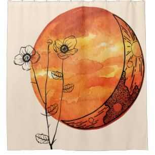 Rideaux De Douche Lune orange et fleur de pavot