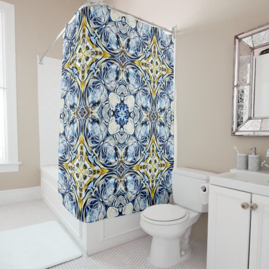 Rideaux De Douche Luxe, élégant, vignes, jaune moutarde, bleu marine (En situation)