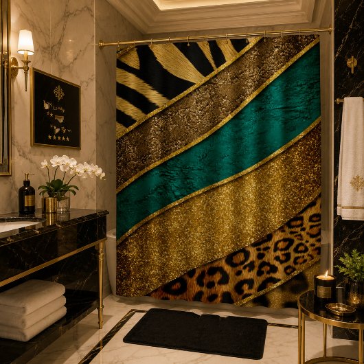 Rideaux De Douche Luxury Emerald & Gold Safari Leopard Zebra Glitter