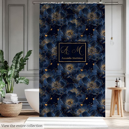 Rideaux De Douche Luxury Navy Gold Floral Pattern Curtain Bathroom